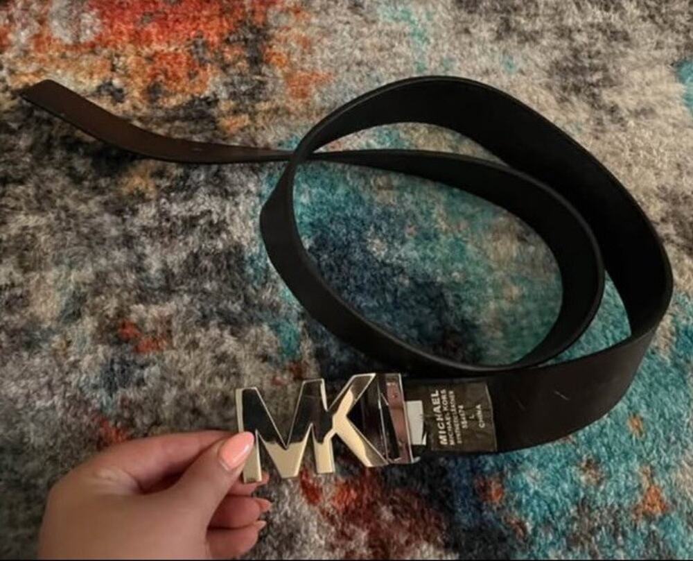 Michael Kors Women's Black Large Belt w/ MK Logo Buckle, Adjustable